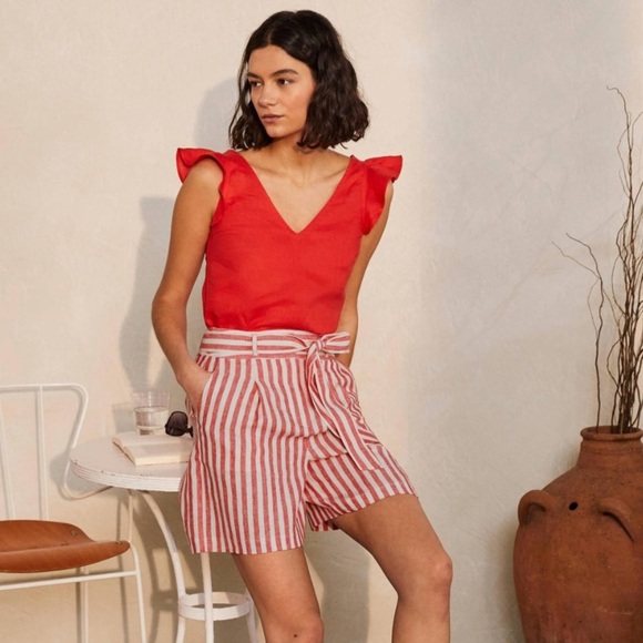 Boden Alma Tie Waist Linen Shorts Cherry Red Stripe Size 16-18 NWT - Picture 1 of 15